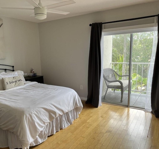 bedroom featuring ceiling fan, access to outside, and light hardwood / wood-style floors