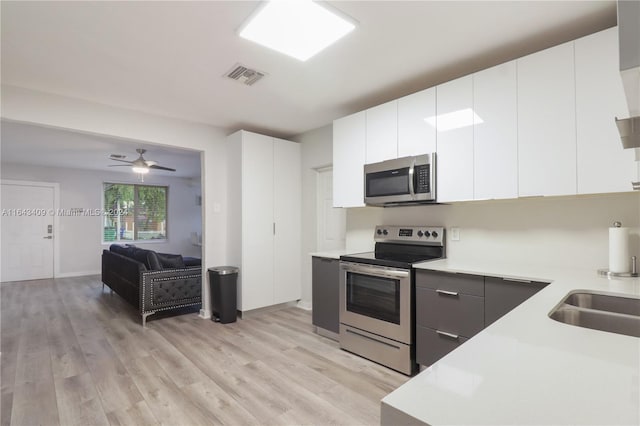 kitchen featuring ceiling fan, stainless steel appliances, light hardwood / wood-style floors, and white cabinetry