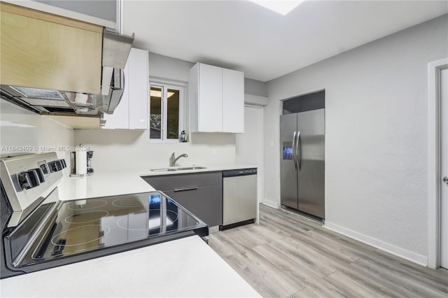 kitchen with sink, light wood-type flooring, white cabinets, and appliances with stainless steel finishes