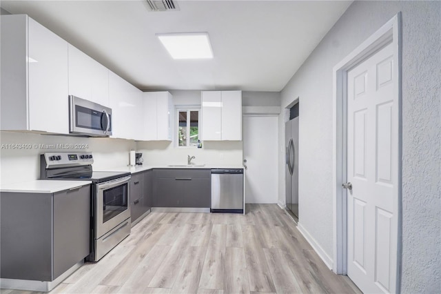 kitchen featuring sink, appliances with stainless steel finishes, light hardwood / wood-style floors, white cabinetry, and gray cabinets