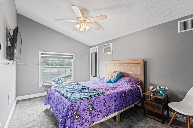 carpeted bedroom featuring ceiling fan, a wall mounted air conditioner, a textured ceiling, and lofted ceiling