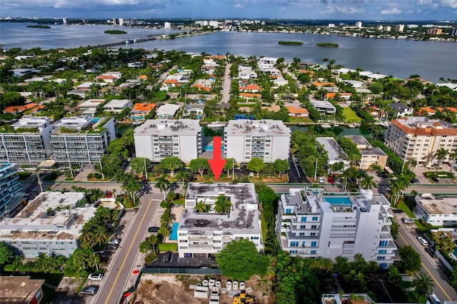 aerial view featuring a water view