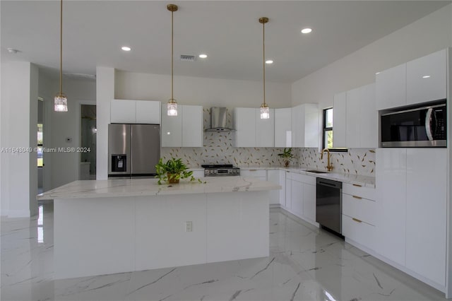 kitchen featuring appliances with stainless steel finishes, light tile patterned flooring, wall chimney range hood, and backsplash