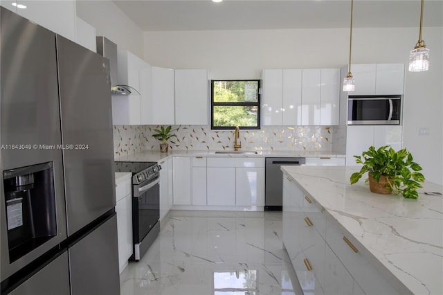 kitchen with backsplash, sink, wall chimney exhaust hood, light stone countertops, and stainless steel appliances