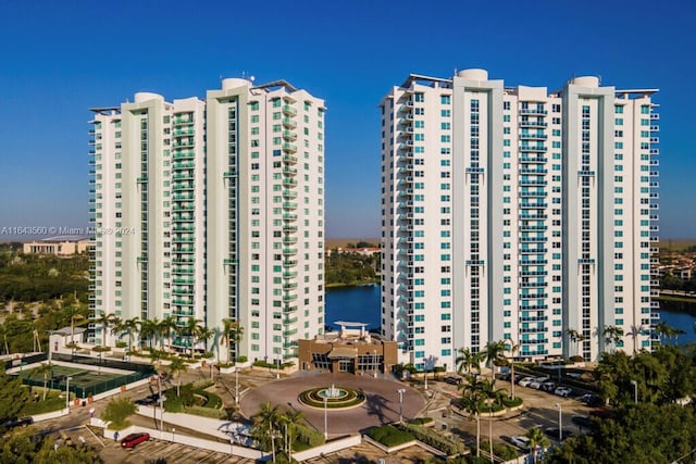 view of building exterior featuring a water view