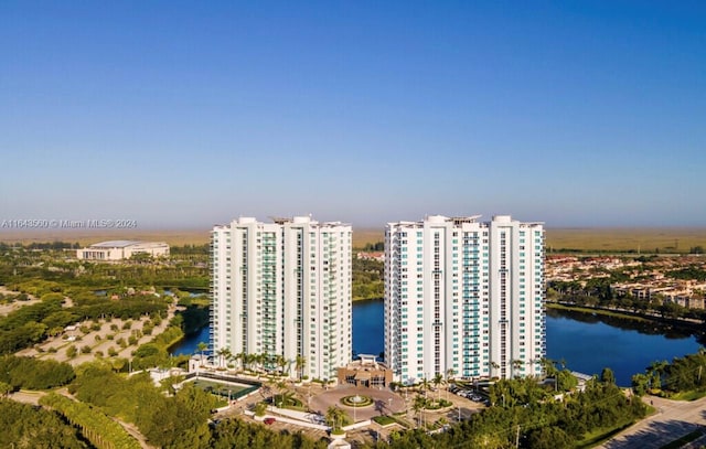 drone / aerial view with a water view