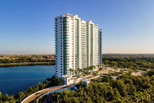 view of building exterior featuring a water view