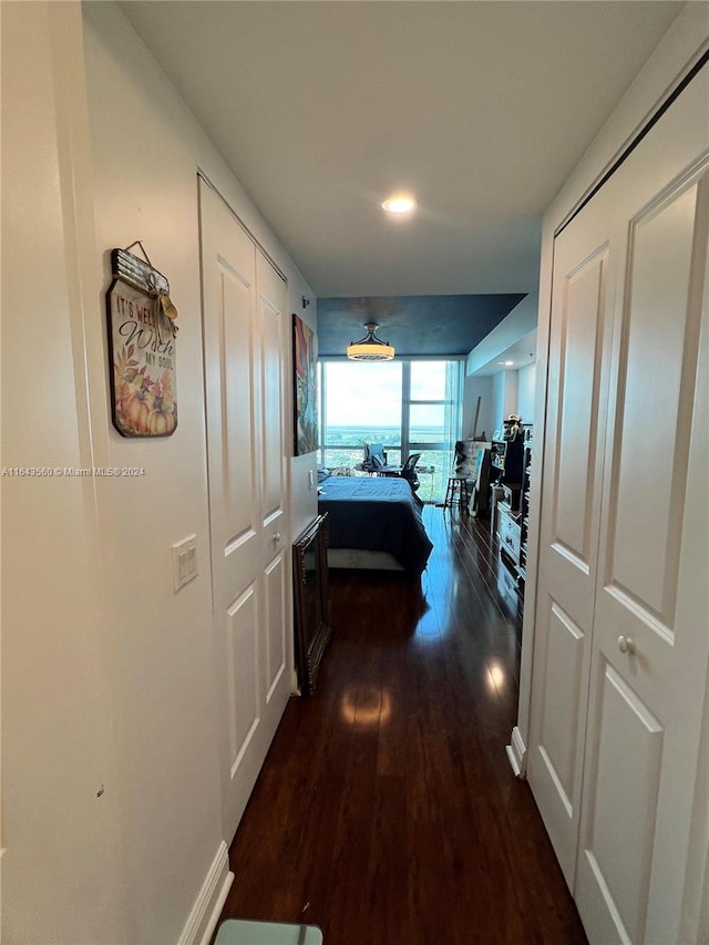 corridor featuring dark wood-type flooring