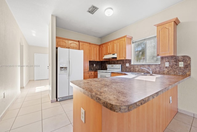 kitchen featuring light tile patterned flooring, sink, white appliances, and kitchen peninsula