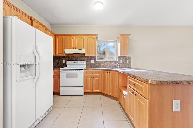 kitchen featuring decorative backsplash, white appliances, sink, light tile patterned floors, and light brown cabinets