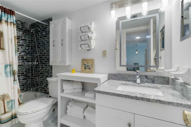 bathroom featuring toilet, shower / bathtub combination with curtain, and vanity