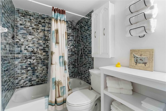 bathroom with shower / bath combination with curtain and toilet