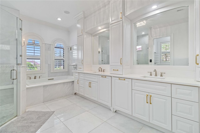 bathroom with vanity, ornamental molding, and plus walk in shower