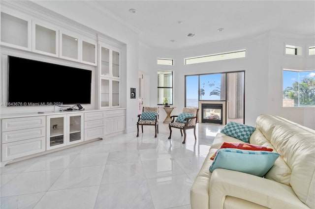 living room featuring ornamental molding