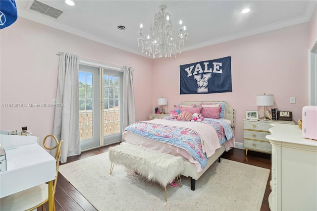 bedroom with dark wood-type flooring, access to outside, a notable chandelier, and ornamental molding