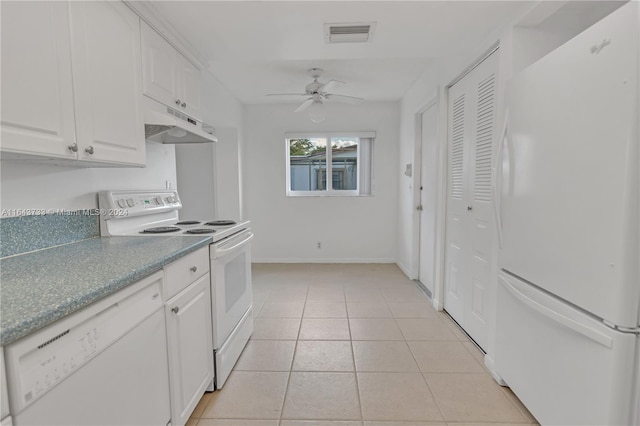 kitchen with ceiling fan, white appliances, light tile patterned flooring, and white cabinetry