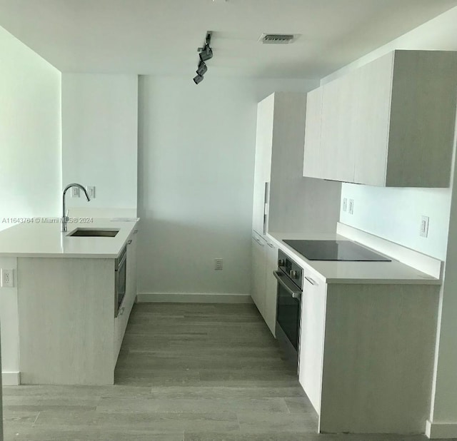 kitchen featuring light wood-type flooring, black electric stovetop, oven, sink, and rail lighting