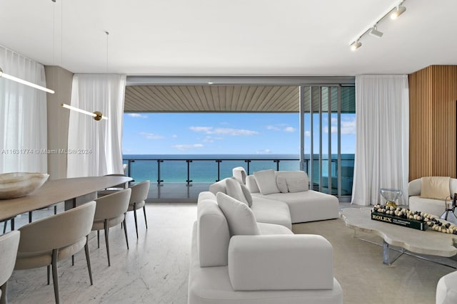 living room featuring wooden walls, a water view, and rail lighting