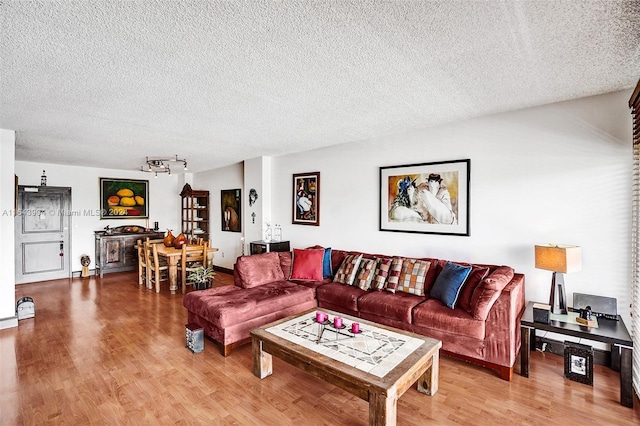 living room featuring light wood-type flooring and a textured ceiling