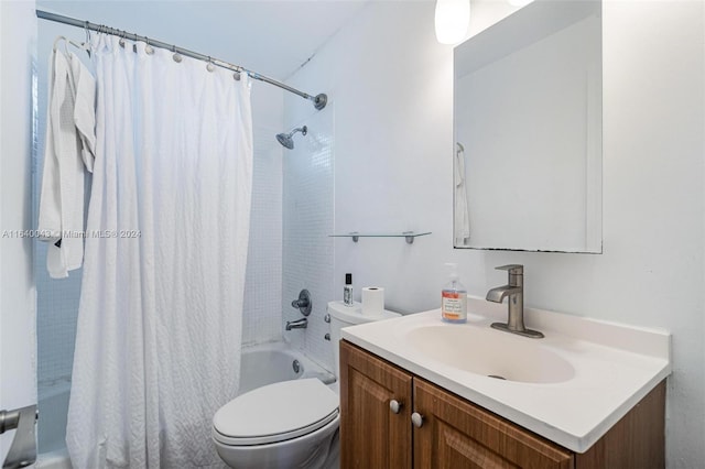 full bathroom with toilet, shower / bathtub combination with curtain, and vanity