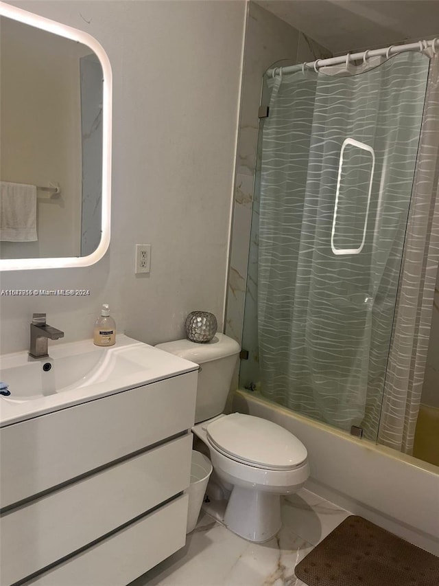 full bathroom with tile patterned flooring, toilet, vanity, and shower / bathtub combination with curtain