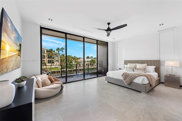 bedroom with ceiling fan, access to outside, floor to ceiling windows, and light tile patterned floors