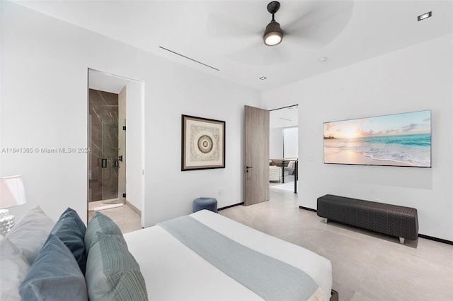 bedroom with ceiling fan and ensuite bath