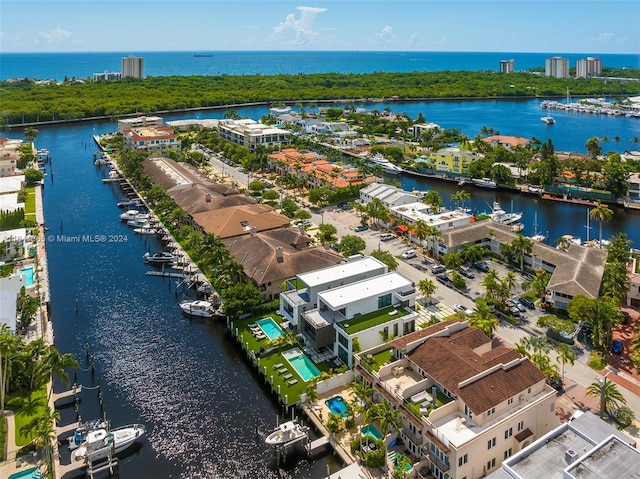 bird's eye view with a water view