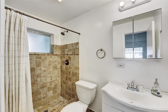 bathroom with a shower with shower curtain, toilet, and vanity