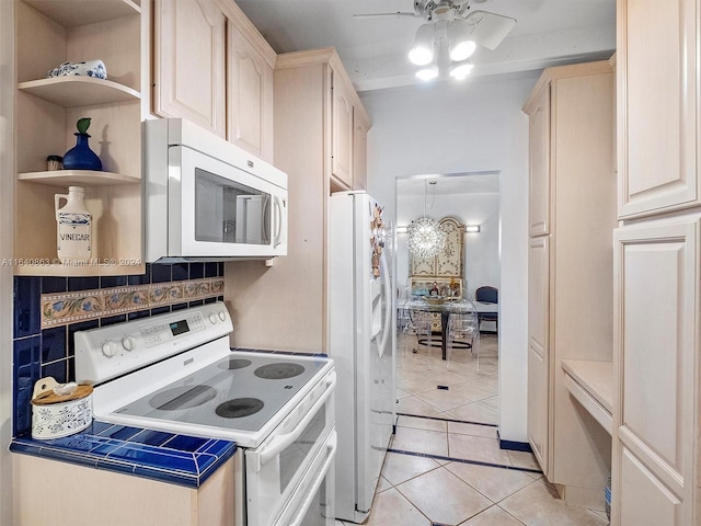 kitchen featuring ceiling fan, backsplash, light brown cabinetry, light tile patterned flooring, and white appliances