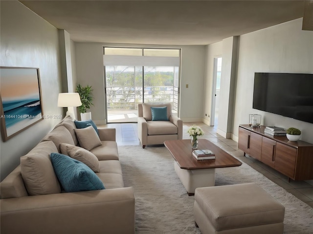 living room featuring light tile patterned flooring