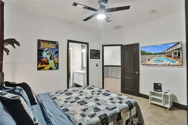 bedroom featuring ceiling fan, light tile patterned floors, and ensuite bathroom