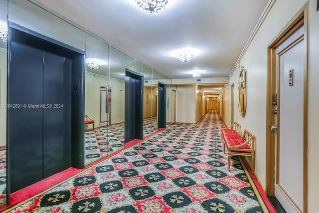 hall with carpet floors, crown molding, and elevator