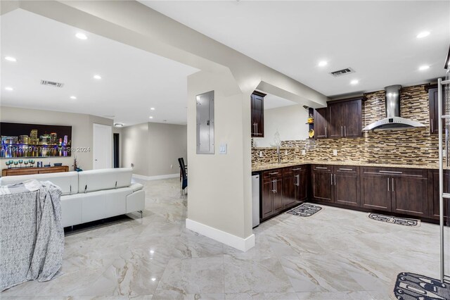 interior space with black electric stovetop, electric panel, decorative backsplash, light tile patterned floors, and custom exhaust hood