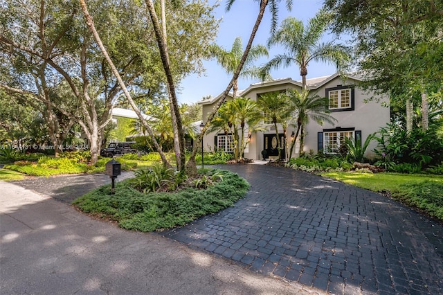 view of front of property with decorative driveway and stucco siding