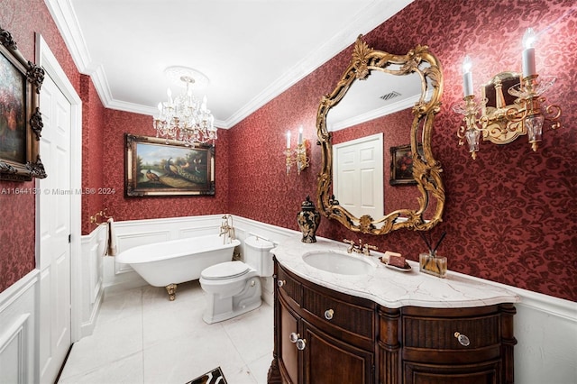 full bathroom with a wainscoted wall, visible vents, a freestanding bath, wallpapered walls, and crown molding