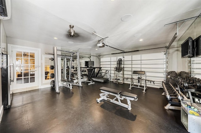 exercise room featuring a garage