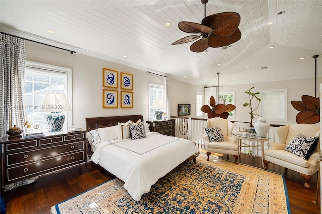 bedroom featuring dark wood-style floors, wooden ceiling, multiple windows, and vaulted ceiling