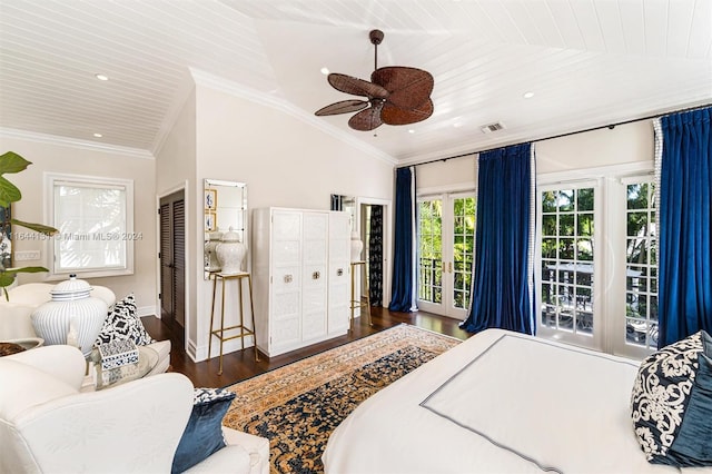 bedroom with lofted ceiling, recessed lighting, wood finished floors, visible vents, and ornamental molding