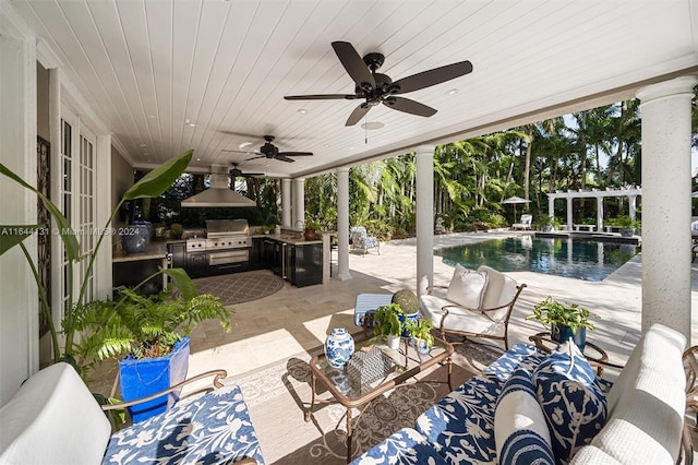 view of patio featuring area for grilling, an outdoor hangout area, ceiling fan, a grill, and an outdoor pool