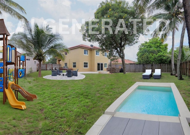 view of pool with an outdoor hangout area, a playground, and a lawn