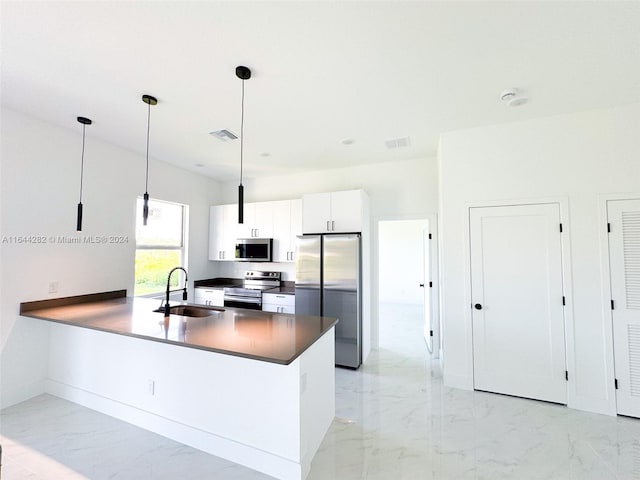 kitchen with stainless steel appliances, white cabinetry, decorative light fixtures, sink, and kitchen peninsula