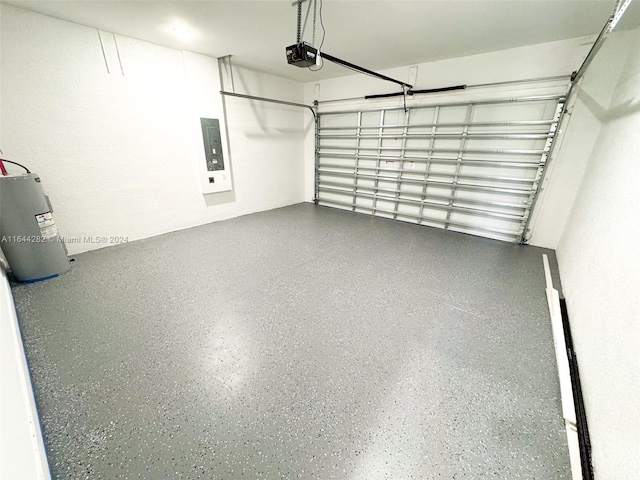 garage with electric panel, a garage door opener, and water heater