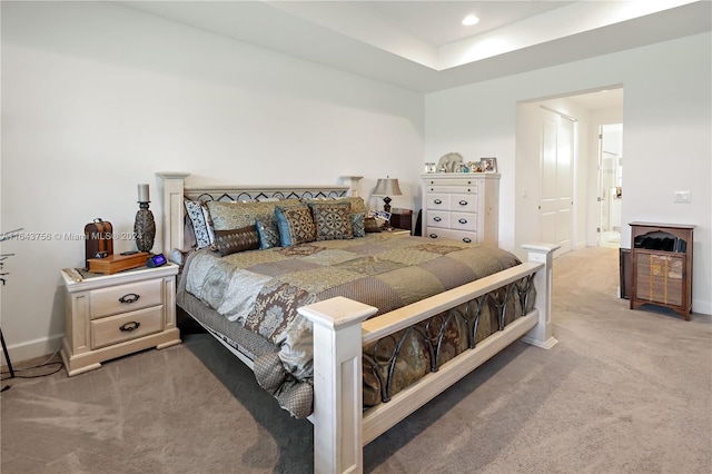 carpeted bedroom with recessed lighting and baseboards