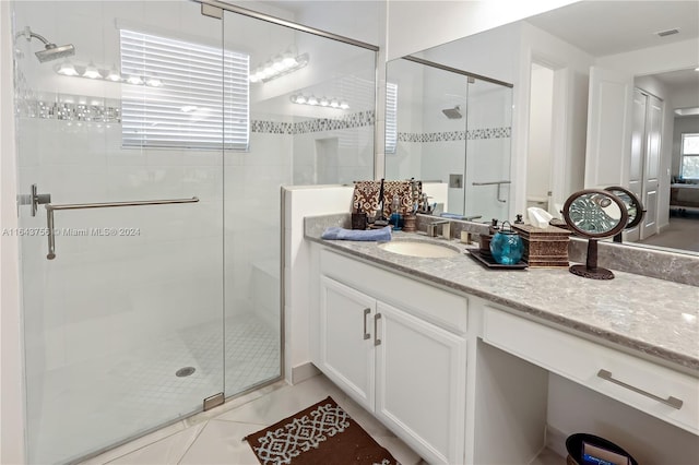 bathroom featuring vanity, visible vents, a stall shower, and tile patterned flooring