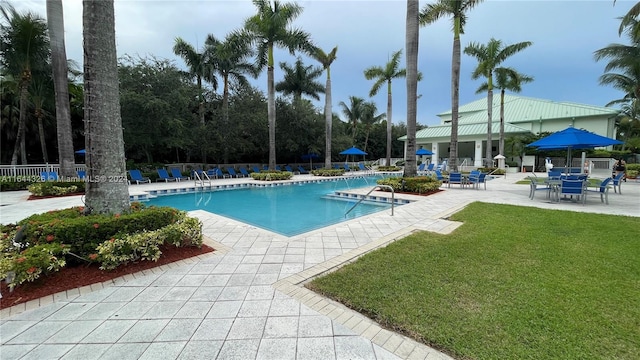 view of swimming pool featuring a patio and a yard