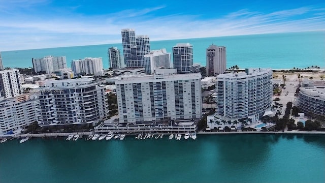 aerial view featuring a water view