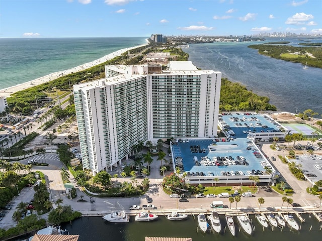 bird's eye view with a water view