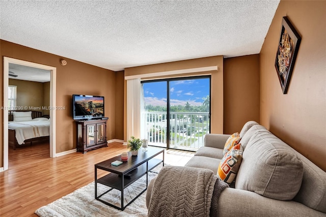 living room featuring light hardwood / wood-style flooring and a textured ceiling