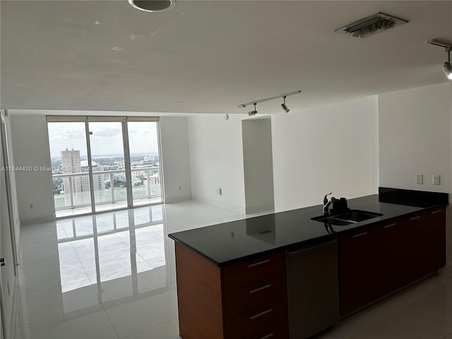 kitchen with sink, dark brown cabinetry, floor to ceiling windows, track lighting, and light tile patterned floors